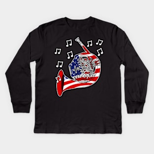 4th July French Horn USA Flag Hornist Musician Kids Long Sleeve T-Shirt